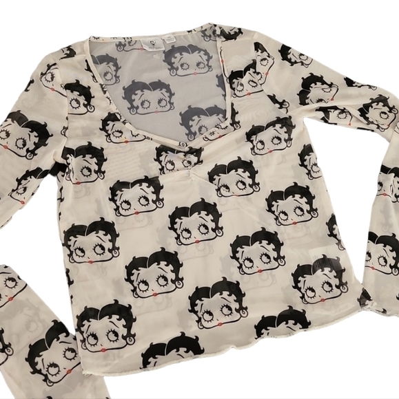 Betty Boop Y2K Punk Goth Sheer Mesh Stretch Long Sleeve Graphic Crop Top M L - Picture 4 of 16